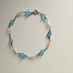 Vintage Art Deco 1/20 14K yellow gold filled blue crystal beaded bracelet